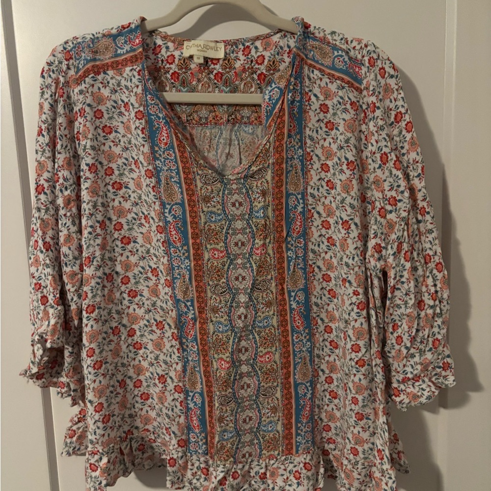 Cynthia Rowley Floral Boho Blouse - Red, Blue, White